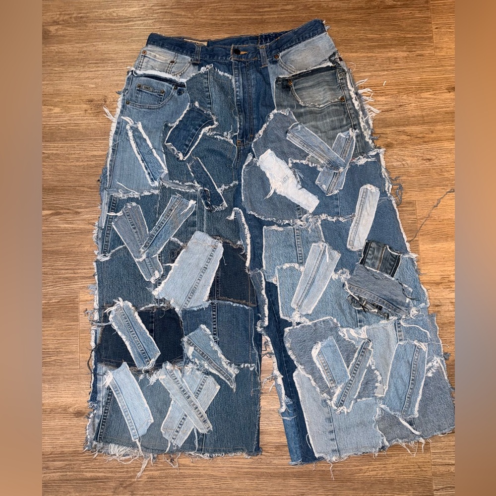 Up-cycled flare patchwork jeans. Size 14 (32)